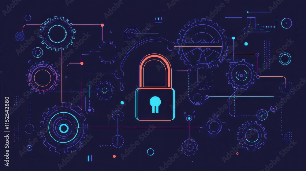Poster digital security concept with lock and gears on dark background