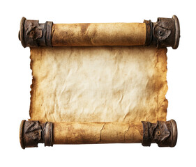 Aged parchment scroll with curled edges, textured antique paper for historical documents, vintage blank manuscript background for writing or design isolated on transparent background