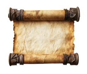 Aged parchment scroll with curled edges, textured antique paper for historical documents, vintage blank manuscript background for writing or design isolated on transparent background