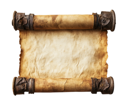 Aged parchment scroll with curled edges, textured antique paper for historical documents, vintage blank manuscript background for writing or design isolated on transparent background
