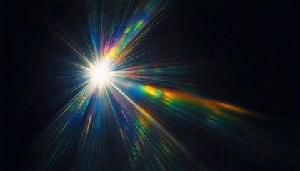 Obraz premium Cosmic Burst: A mesmerizing abstract image showcasing a brilliant starburst, radiating vibrant iridescent light against a deep black backdrop. The captivating display evokes awe and wonder.