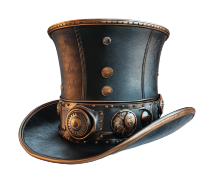 Vintage steampunk top hat with brass details, gears, and leather texture, Victorian-inspired design for costume or decor isolated on transparent background.