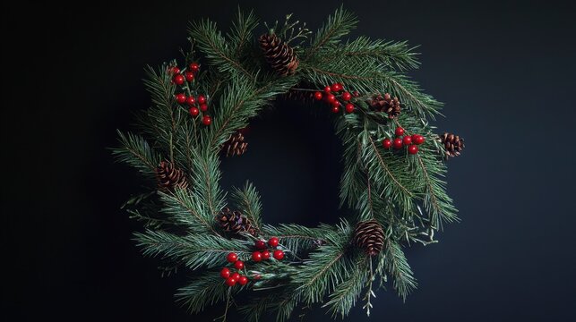 Festive Christmas Wreath with Pine, Berries, and Cones - Dark Background