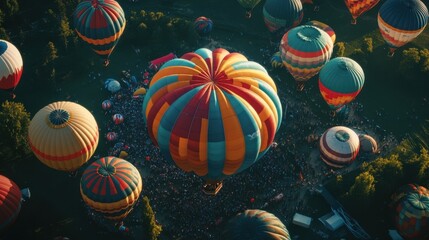 Vibrant Hot Air Balloons Overcrowd Festival Ground in Aerial View