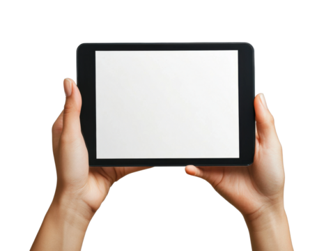 Female hands holding horizontal blank tablet with white screen, digital device concept for design, technology, apps, and copy space isolated on transparent background