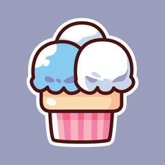 Double Scoop Ice Cream Cone with White and Blue Scoops - Cartoon Illustration