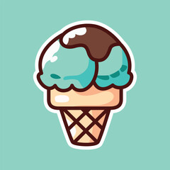 Double Scoop Ice Cream Cone with Brown and Blue Scoops - Cartoon Illustration