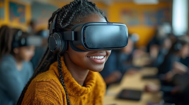 Students engaged creative projects using advanced technology like VR and tablets in a bright classroom with their teacher guiding them through techdriven learning experiences - Powered by Adobe