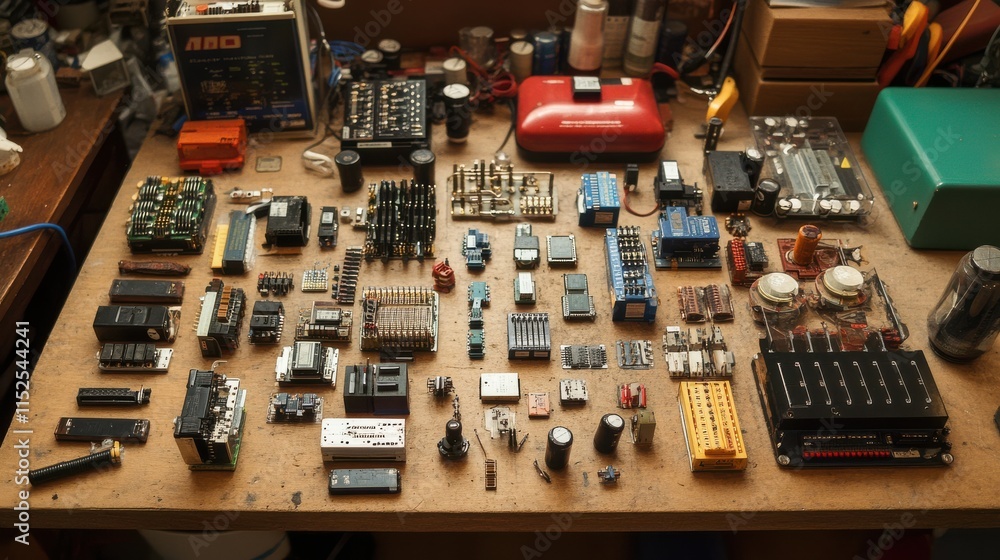 Poster detailed view of various electronic components on a workbench