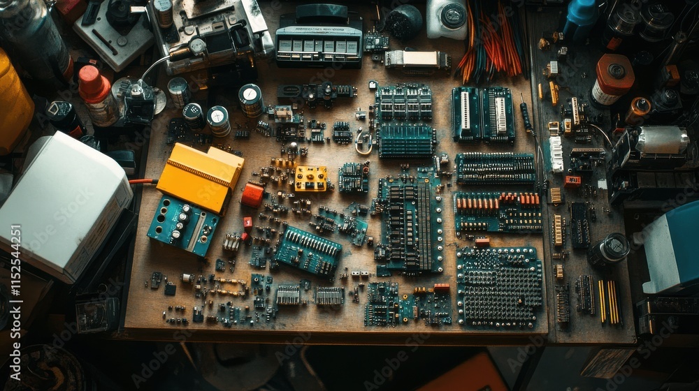 Poster intricate circuitry and electronics displayed on workshop table