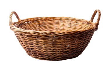 Empty wicker basket with natural woven texture isolated on white background for storage, picnics, and rustic decor on transparent background