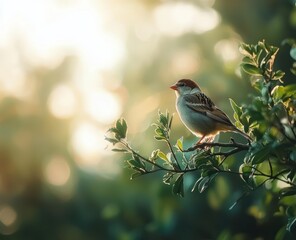 A close-up of a sparrow sitting on a branch, surrounded by a blurred natural backdrop, emphasizing simplicity and beauty in nature.