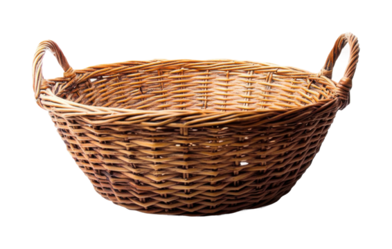 Empty wicker basket with natural woven texture isolated on white background for storage, picnics, and rustic decor on transparent background