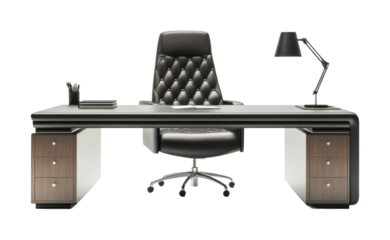Stylish grey desk with ergonomic chair and modern lamp in a contemporary office setting. Isolated on transparent background, png.