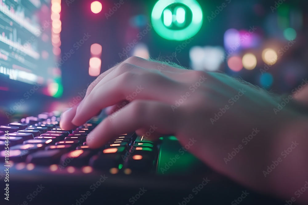 Poster close-up of hands typing on illuminated keyboard in dark room.