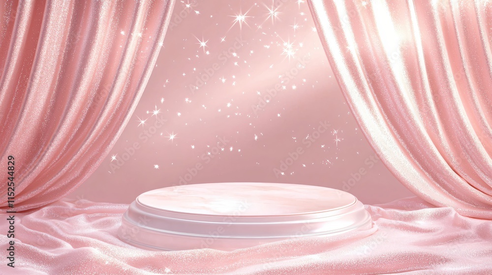 Poster elegant pink stage with sparkling background and soft drapery for presentation