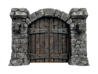 Heavy wooden medieval door set in stone archway, historical castle design with textured bricks and iron hinges, old architecture concept isolated on transparent background