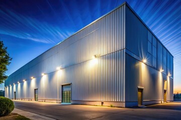 Obraz premium Night's low light illuminates a vast, textured metal industrial building; architectural details sharp.