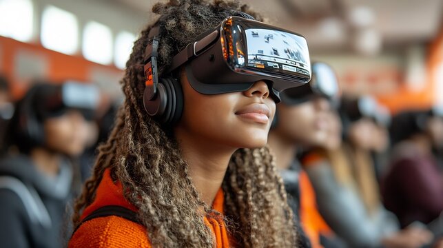 Students diverse backgrounds using advanced technology like tablets and VR in a vibrant classroom guided by their teacher in an interactive futuristic learning environment