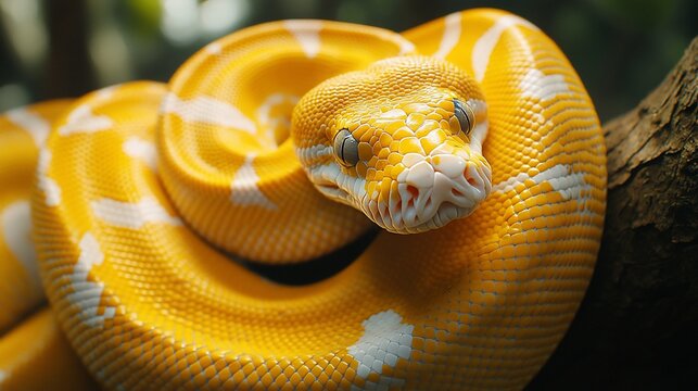 Yellow albino python coiled on a branch.
