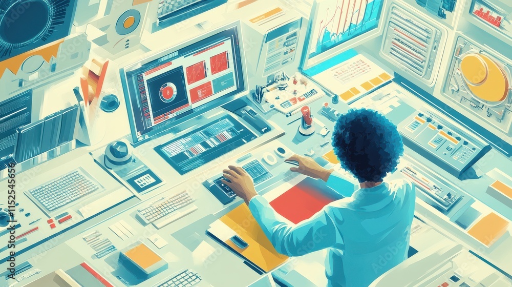 Poster modern technology workspace with futuristic interface design