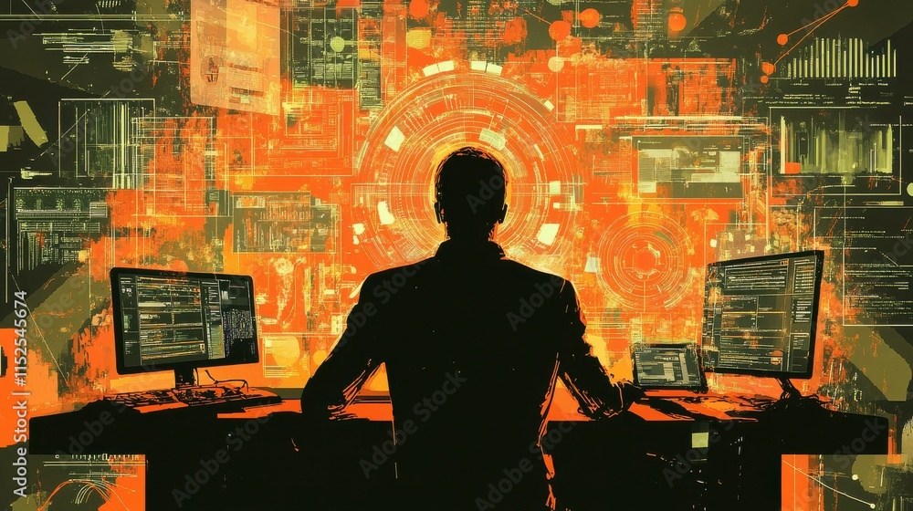 Poster silhouette of a person analyzing data on multiple computer screens