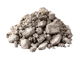 Pile of gray cement rubble and crushed concrete, raw construction material, industrial texture for construction or demolition concepts isolated on transparent background