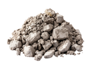 Pile of gray cement rubble and crushed concrete, raw construction material, industrial texture for construction or demolition concepts isolated on transparent background