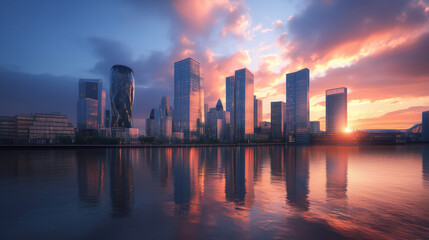 Obraz premium Panoramic Sunset Vista of a Cosmopolitan Skyline with Sun Reflections on Glass Buildings