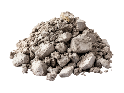 Pile of gray cement rubble and crushed concrete, raw construction material, industrial texture for construction or demolition concepts isolated on transparent background