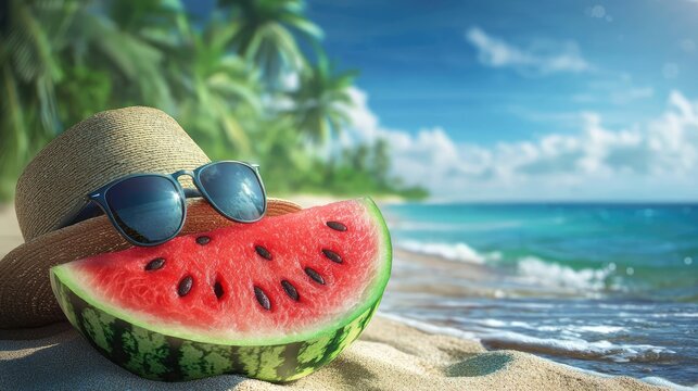 Summer Beach Vibes: Watermelon, Sunglasses, and Hat on Sandy Shore