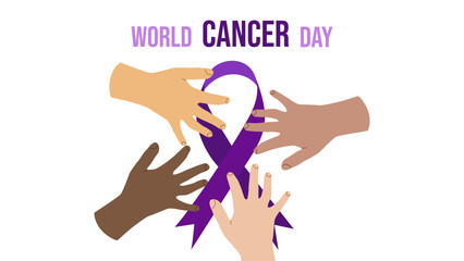 World Cancer Day. February 4th. Raising awareness. Power unity. Hands different skin colors hold one large purple ribbon. Expressing support for patients and their families. Vector illustration.