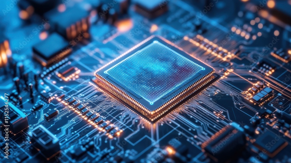 Aufkleber close-up view of microchip on circuit board with neon lights