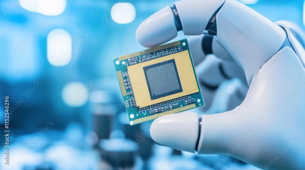 Poster robotic hand holding microchip in high-tech laboratory setting