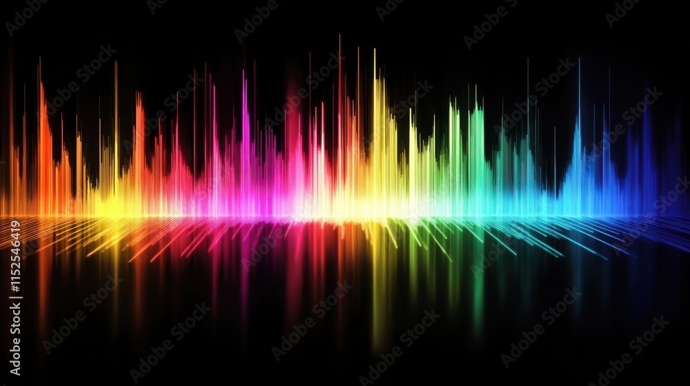 Poster colorful sound wave visualization with reflection on black background