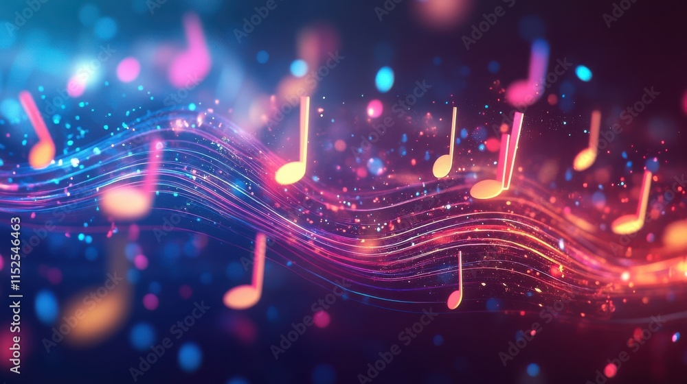 Poster colorful musical notes on abstract background with bokeh effect