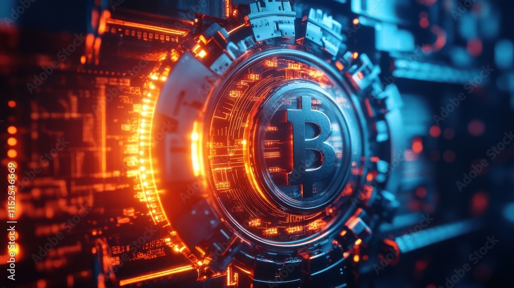 Poster futuristic bitcoin technology with glowing elements and digital patterns