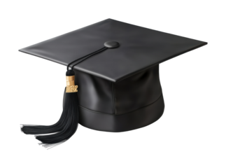 Graduation cap with gold tassel, black mortarboard hat, academic success symbol, education achievement accessory, traditional student hat isolated on transparent background