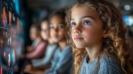 Students of diverse backgrounds a bright modern classroom with holographic learning tools collaborating on science projects while their teacher oversees their progress
