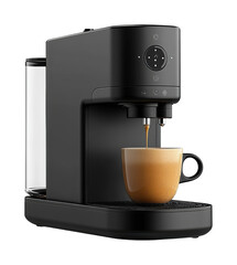 Modern black coffee machine brewing fresh espresso into a cup, sleek appliance design for aromatic beverages and kitchen convenience isolated on transparent background