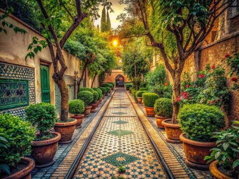 Old Town Fez: Cobblestone paths wind through Jnan Sbil Gardens, a vintage Moroccan photographic treasure.