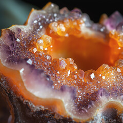 Close-up of colorful amethyst and orange crystals in a stunning geode formation.  

