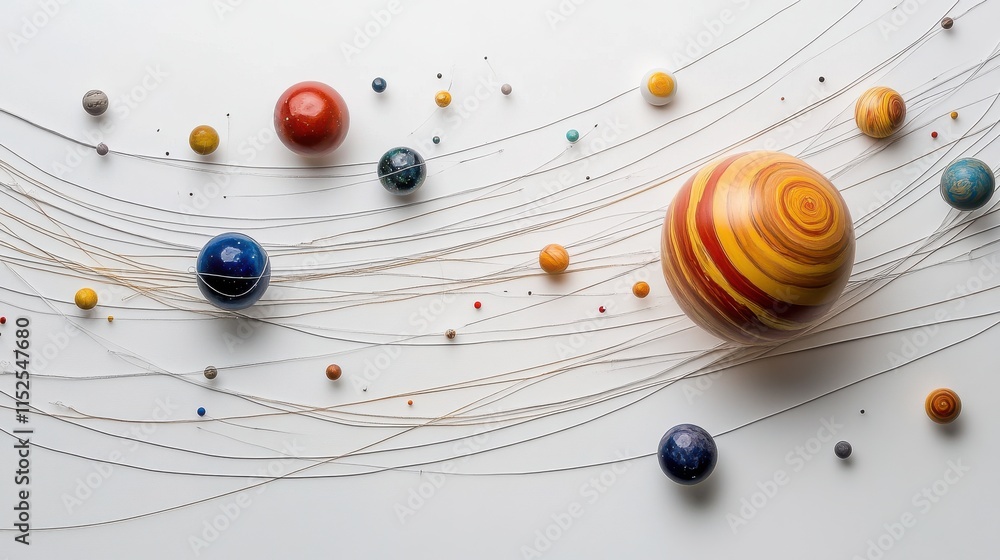 Poster colorful solar system model with thread lines and planetary orbits