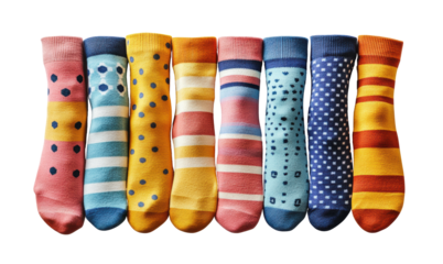 Colorful patterned socks in various designs, striped and polka dot styles, cozy winter accessories, warm footwear, vibrant fashion, isolated on transparent background, playful collection