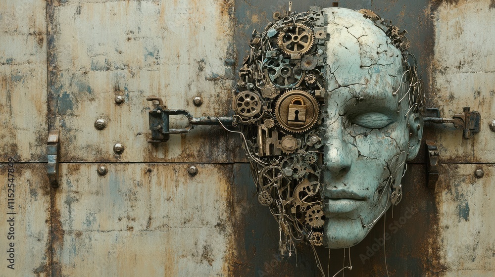 Poster intricate mechanical face with gears and lock on rustic background