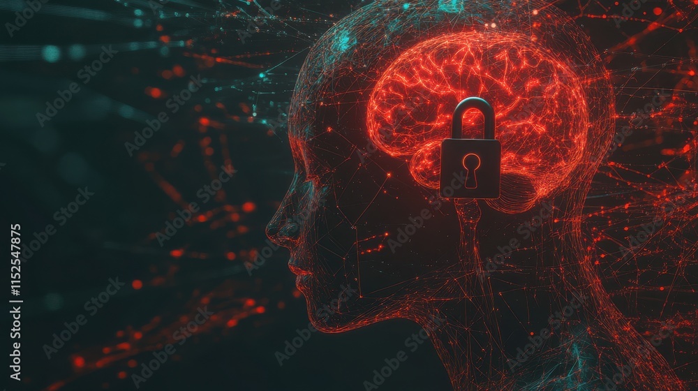 Poster digital brain concept with security lock and neural connections