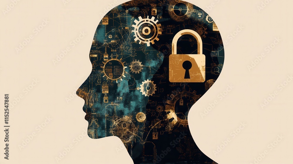 Aufkleber abstract concept of mind with gears and lock symbolizing security
