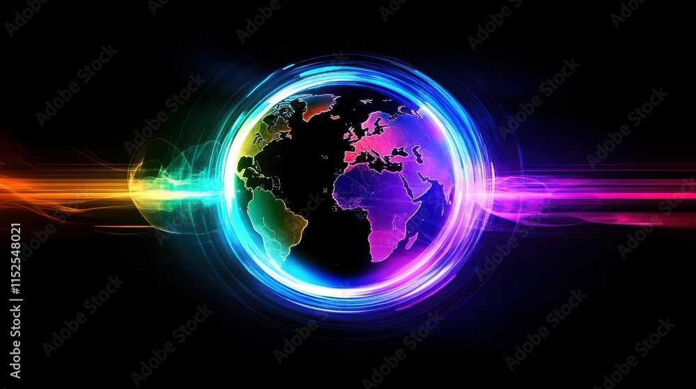 Poster abstract colorful globe with light trails on dark background