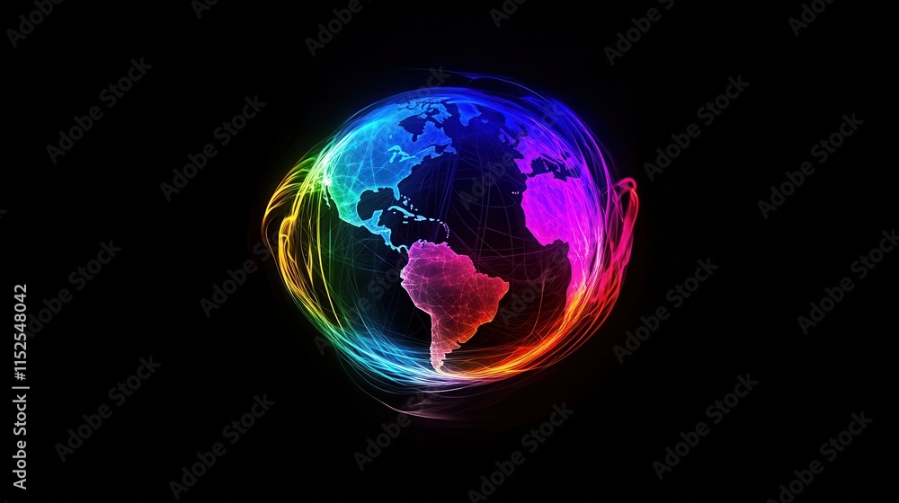 Poster colorful globe visualization with light trails and abstract design