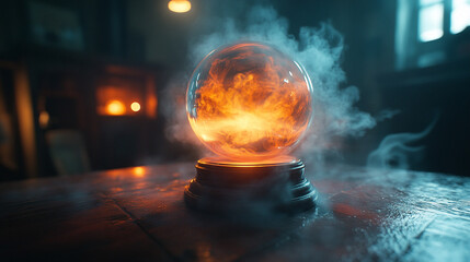 A mystical fortune teller crystal ball surrounded by swirling smoke on a table with a blurred chaotic backdrop symbolizing uncertainty, mystery, and the unseen future

